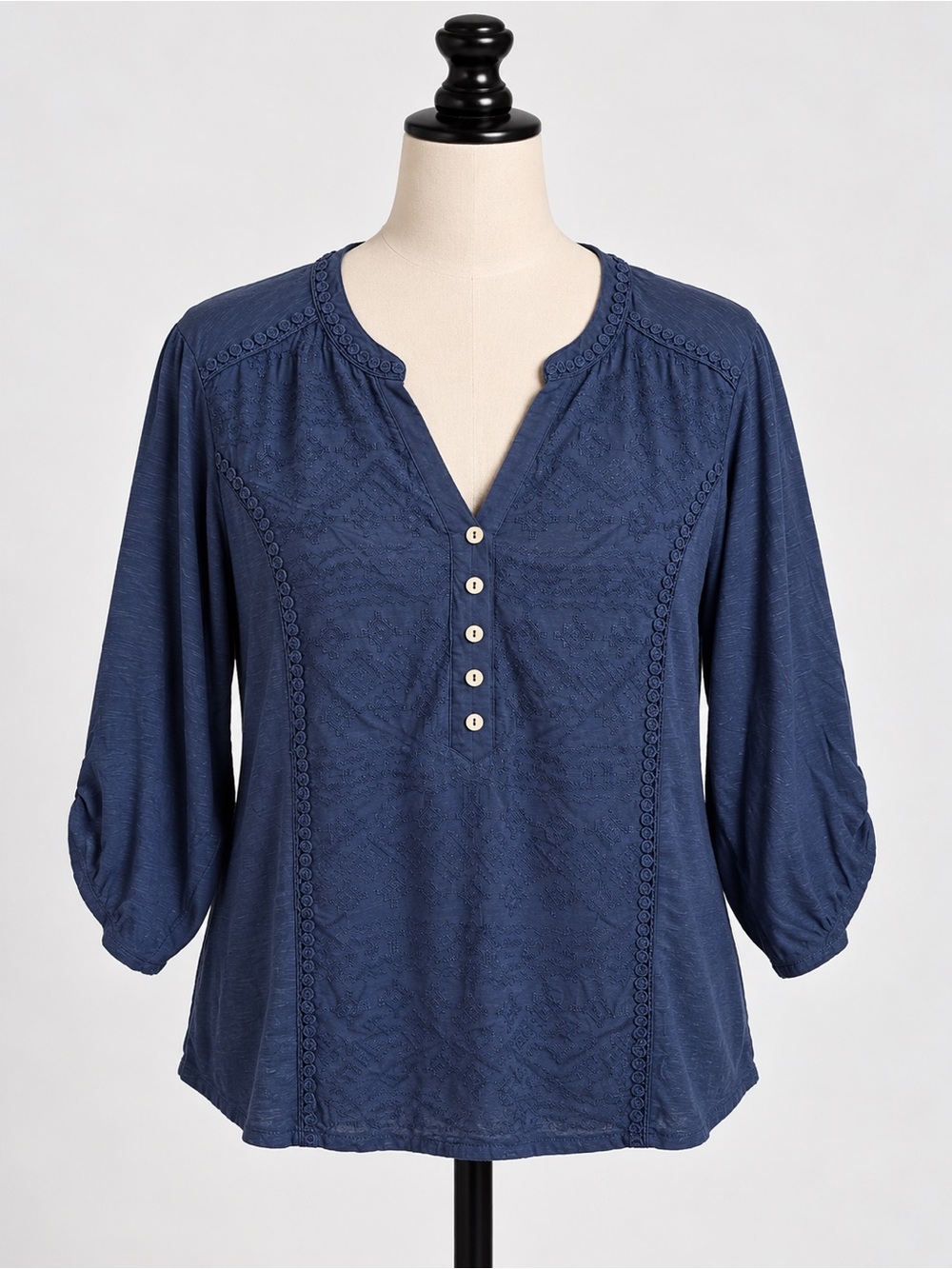Democracy Navy Embroidered Henley Blouse